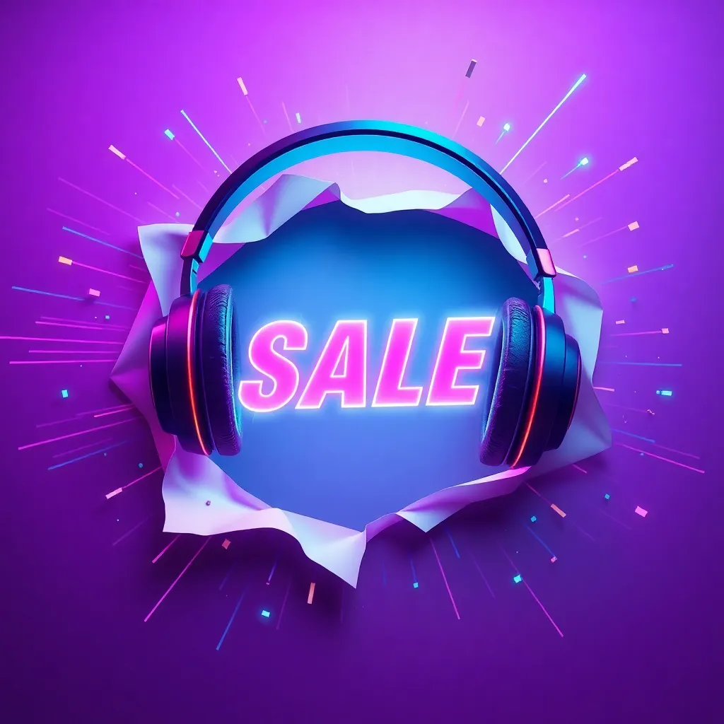 AI-generated flash sale banner featuring neon cyber headphones with electric purple and cyan colors, dynamic speed trails and confetti effects