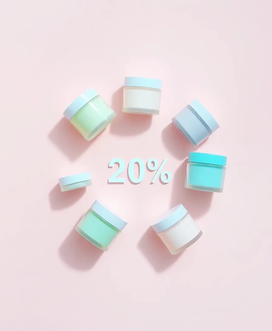 Elegant skincare product flat-lay with jars arranged in circular pattern on soft blush background with natural lighting