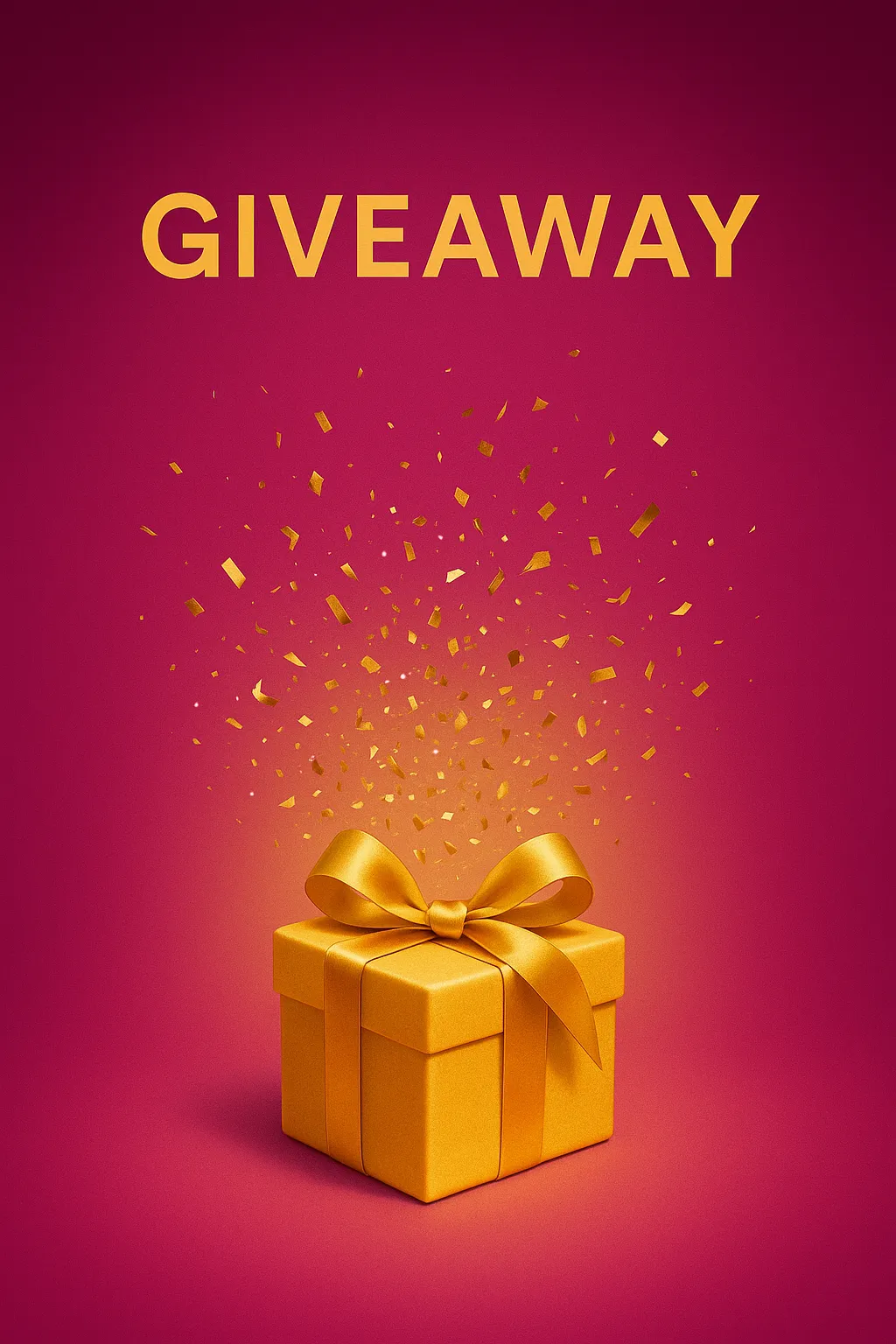 Exciting giveaway banner with gift box and golden ribbon exploding confetti in vibrant magenta and gold colors with spotlight effect