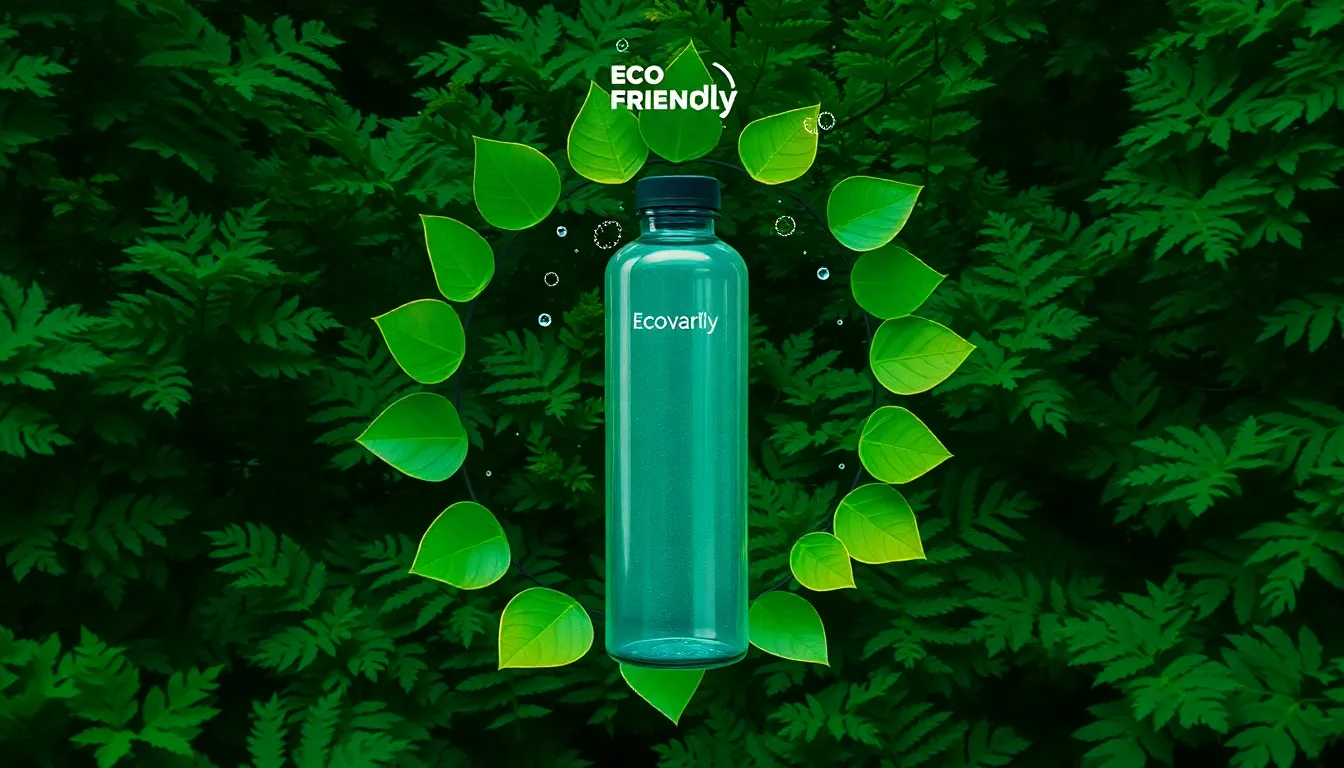 Eco-friendly brand banner with fresh green leaf spiral around reusable water bottle on lush forest background in emerald and lime tones