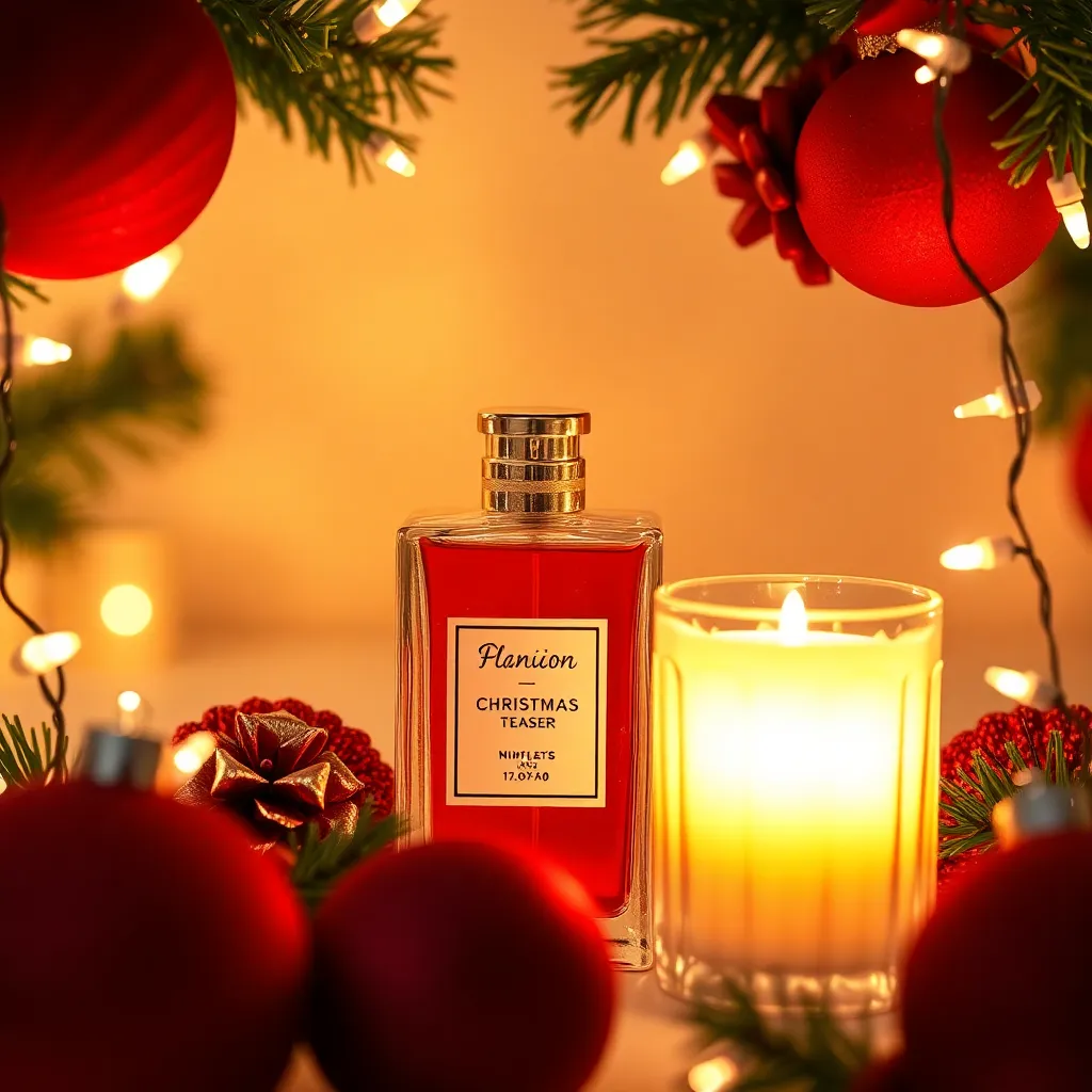 Luxurious Christmas banner with red velvet ornaments and fairy lights framing perfume bottle with warm candle glow