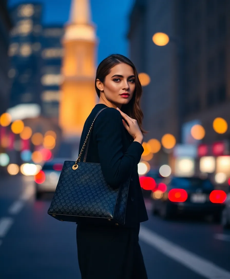 Fashion magazine style banner with model holding designer handbag against dusk city lights in midnight-blue and gold palette