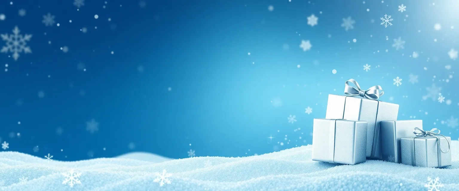 Festive winter holiday sale banner with drifting snowflakes and floating silver gift boxes on icy blue gradient background