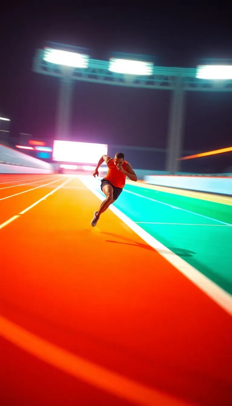 High-energy sports banner with athlete sprinting on futuristic neon track at night with dynamic motion blur in orange and teal colors