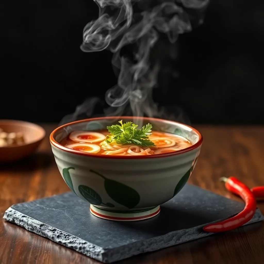 Appetizing food delivery banner featuring steaming ramen bowl on dark slate with vibrant chili-red accents and misty vapor