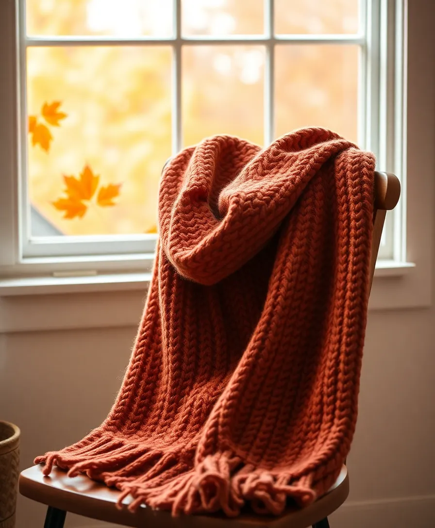 Cozy autumn fashion banner with knitted scarf on wooden chair beside steaming mug in warm cinnamon-orange tones with soft window light