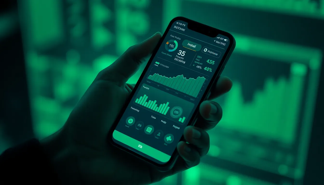 Modern finance app banner with hand holding smartphone displaying app UI and futuristic hologram charts in electric green and navy