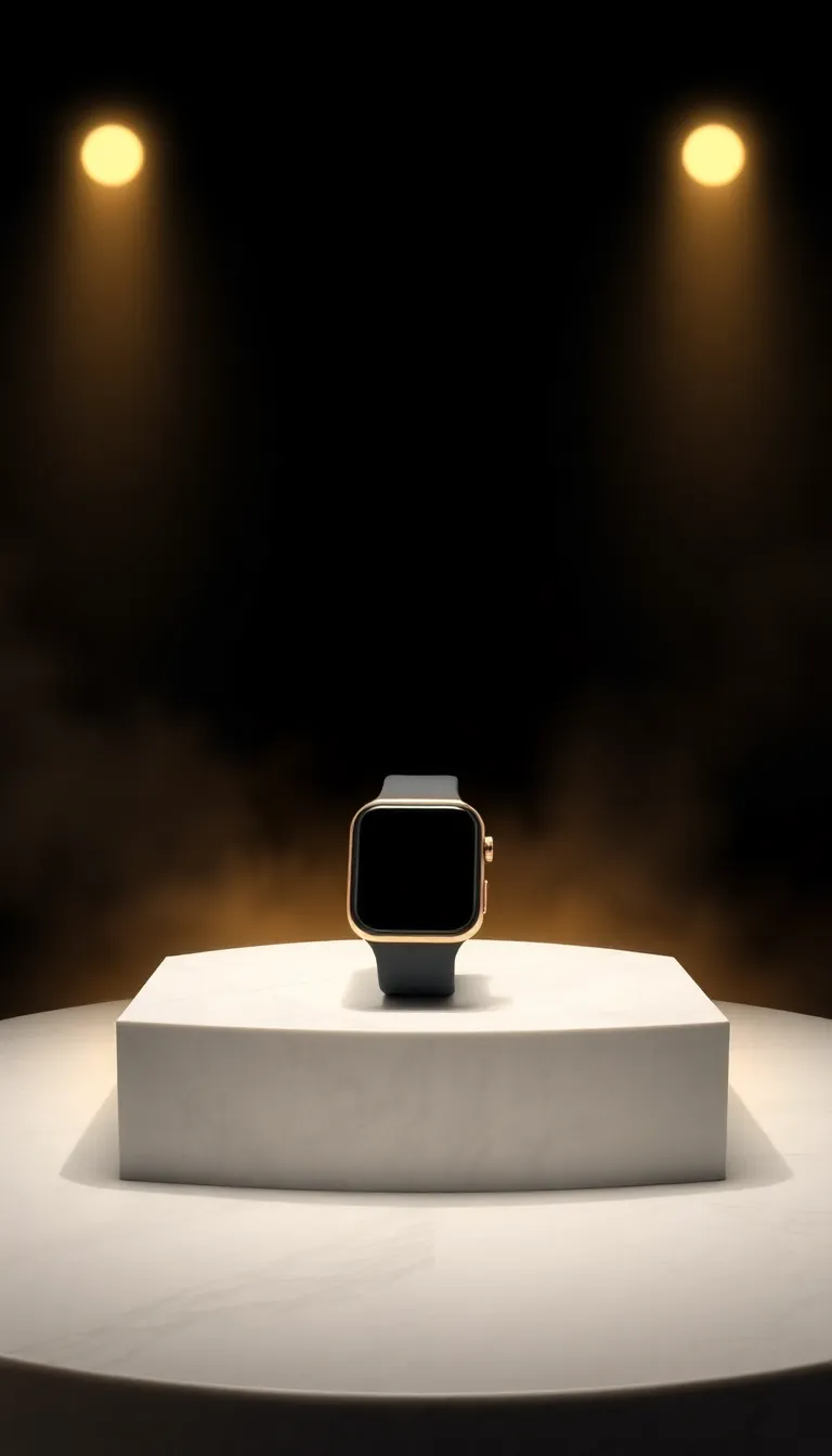 Cinematic product launch banner showcasing elegant smartwatch on marble pedestal with warm spotlight and luxurious black and gold design