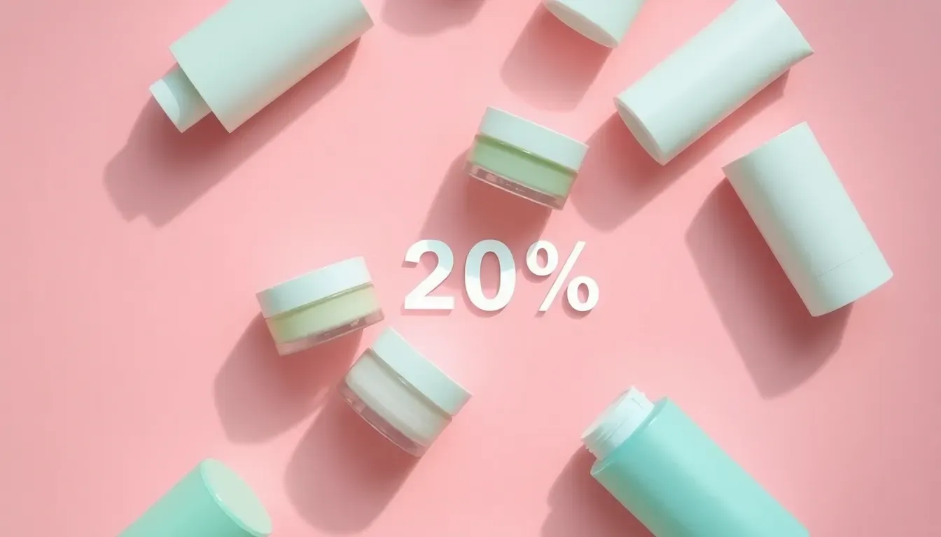 Dreamy skincare flat-lay banner with pastel product jars arranged in circle on soft blush background with natural daylight