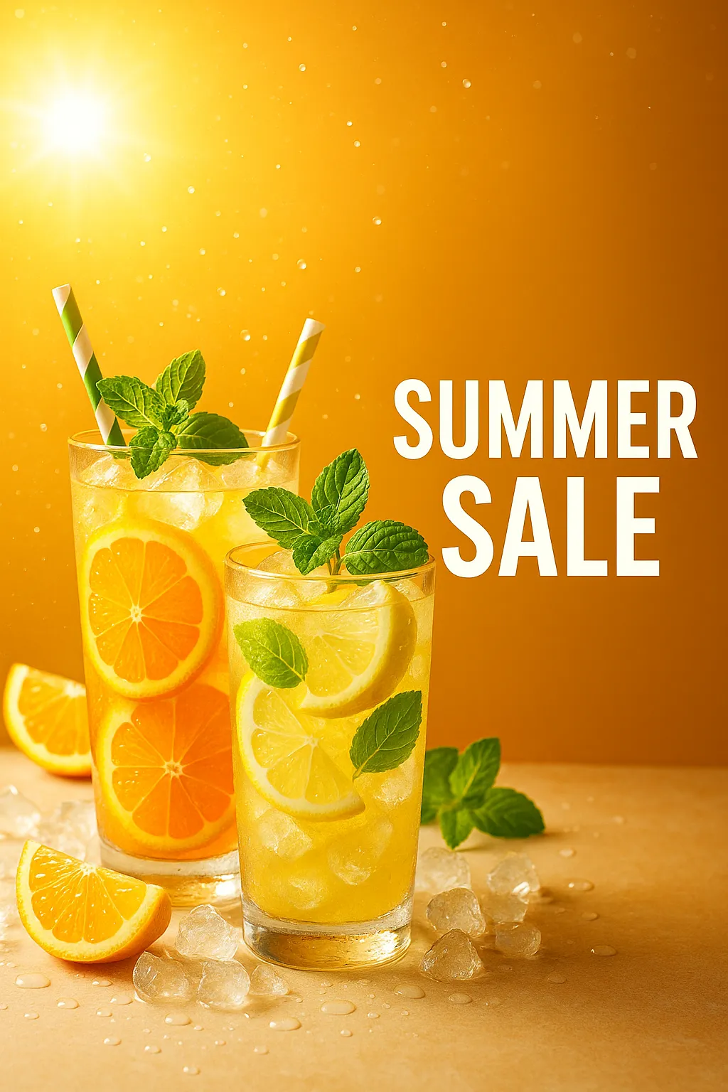 Refreshing summer sale banner featuring citrus drinks on ice with vibrant orange and mint colors, sun flare and water droplets