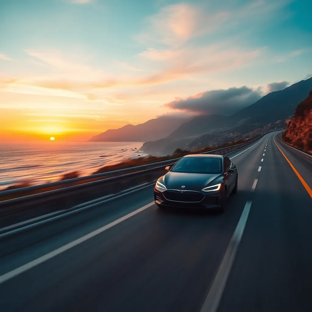 Dynamic electric car banner speeding along coastal highway at sunset with motion blur, cinematic lens flare in orange and blue tones