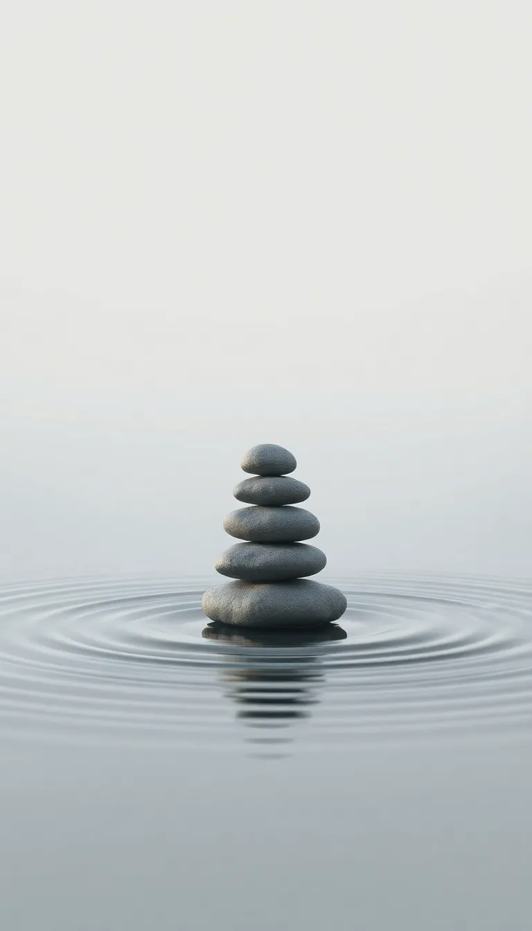 Calming wellness banner with stacked Zen stones over water ripples in soft morning haze with muted gray and sage colors