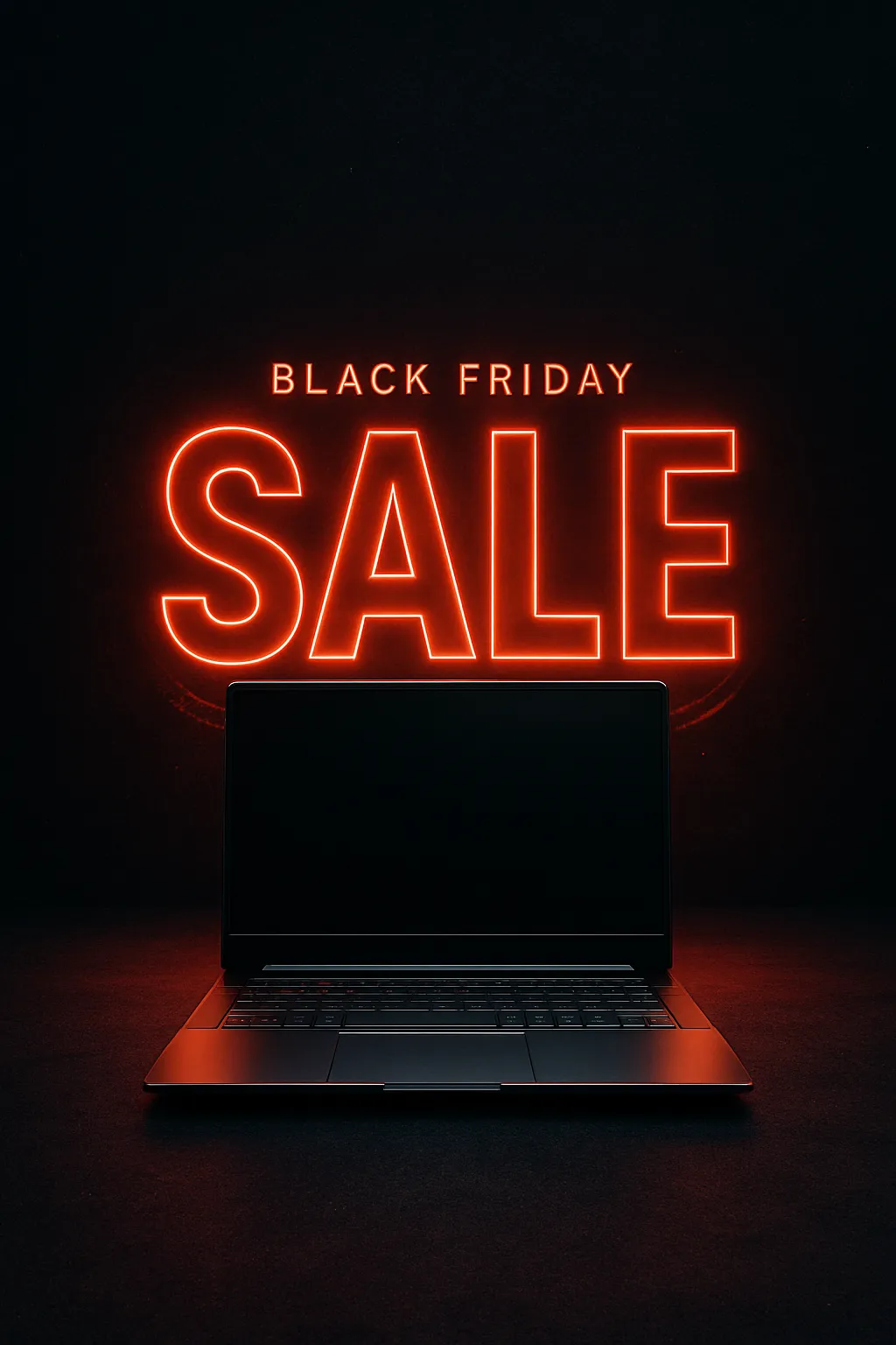Black Friday tech sale banner with gaming laptop, glowing red hologram effects and chrome highlights on dark background