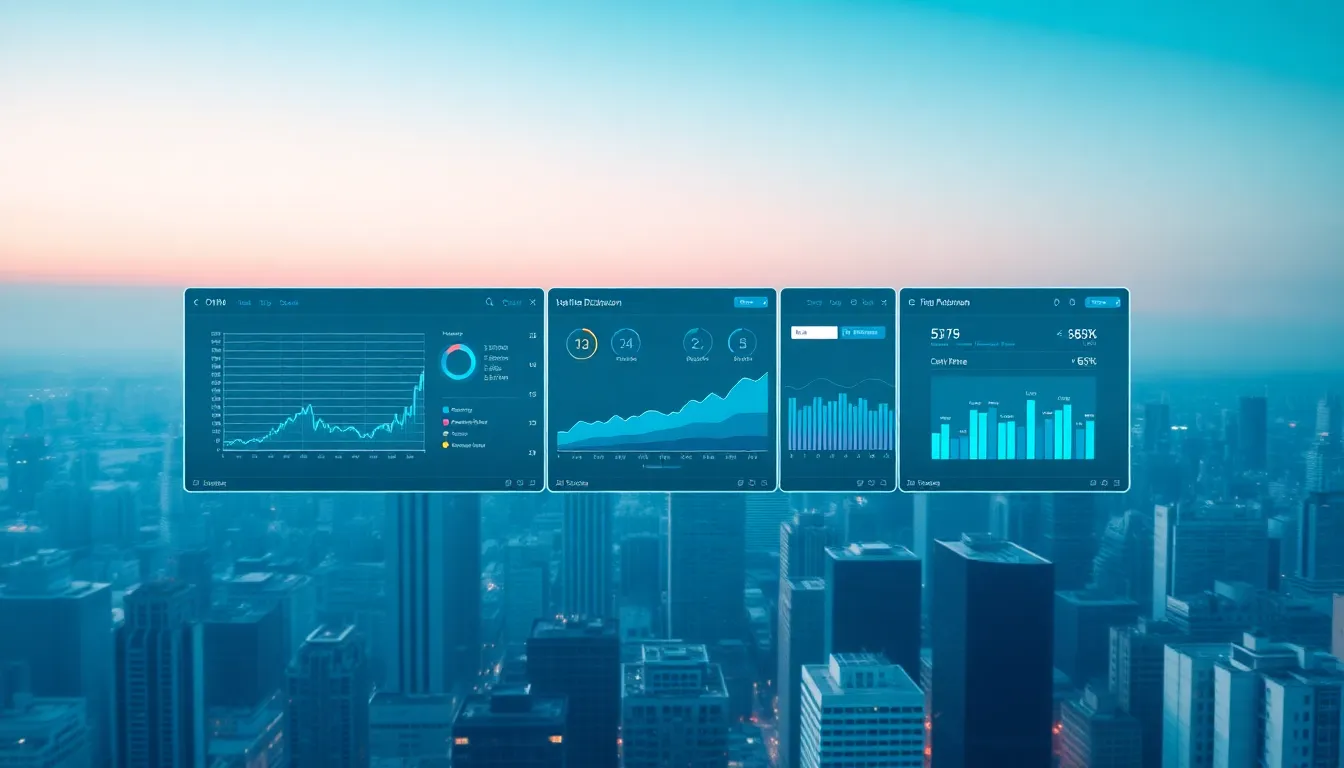 Modern corporate dashboard banner with floating glass UI panels above city skyline in cool cyan colors with soft glow effects