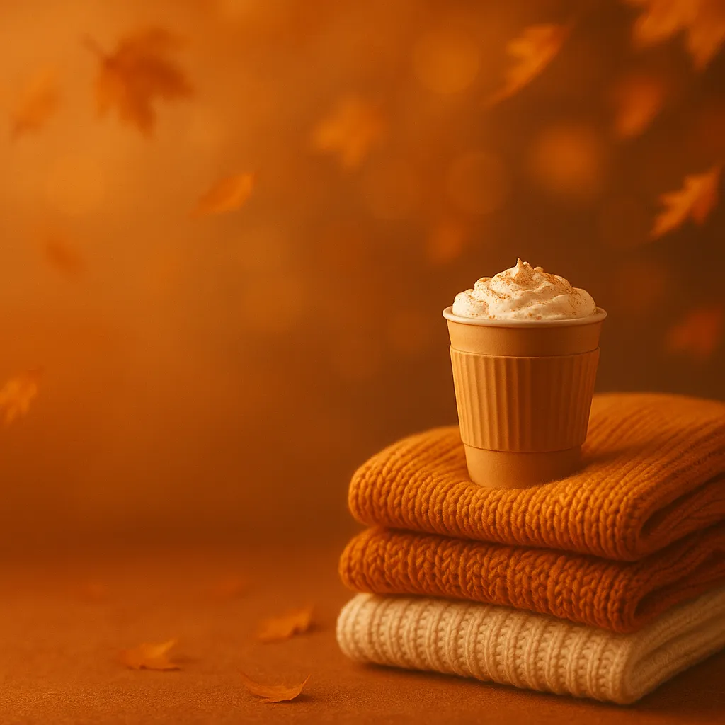 Cozy autumn promotional banner featuring sweater stack with pumpkin spice latte in warm burnt-orange tones with falling leaves